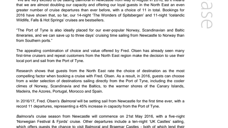 Fred. Olsen Cruise Lines increases its commitment to Newcastle with Balmoral’s first-ever cruise season in 2016