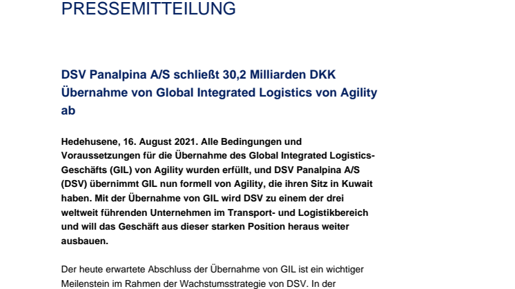 DSV Panalpina A/S schließt 30,2 Milliarden DKK Übernahme von Global Integrated Logistics von Agility ab