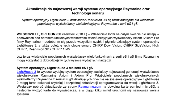 Raymarine: Aktualizacja do najnowszej wersji systemu operacyjnego Raymarine oraz technologii sonaru