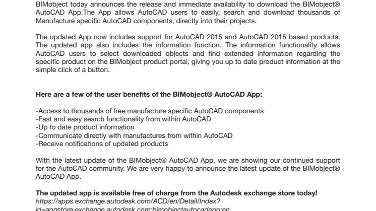 New version of the BIMobject® App updated for AutoCAD