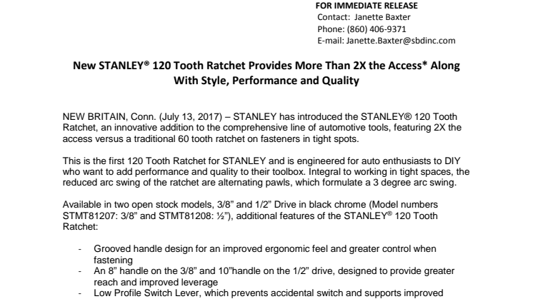 New STANLEY® 120 Tooth Ratchet Provides More Than 2X the Access* Along With Style, Performance and Quality