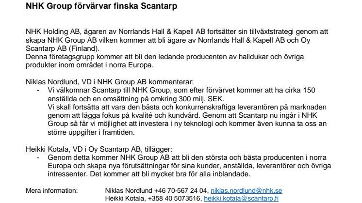 NHK Group förvärvar finska Scantarp
