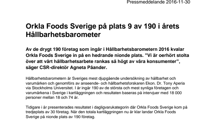 Orkla Foods Sverige på plats 9 av 190 i årets Hållbarhetsbarometer 