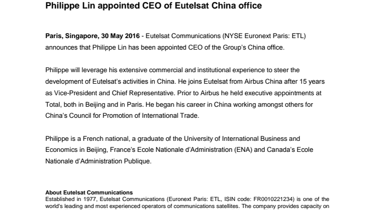 Philippe Lin appointed CEO of Eutelsat China office