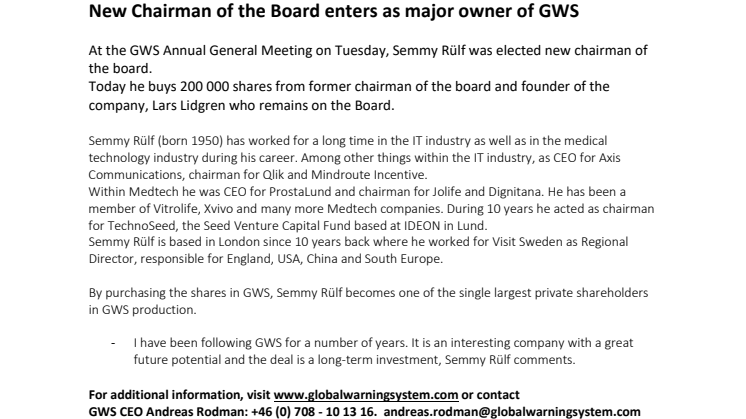 New Chairman of the Board enters as major owner of GWS