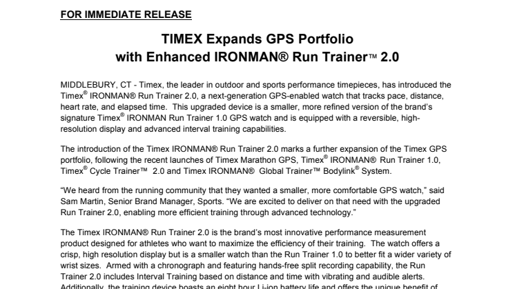 TIMEX Expands GPS Portfolio with Enhanced IRONMAN® Run Trainer™ 2.0