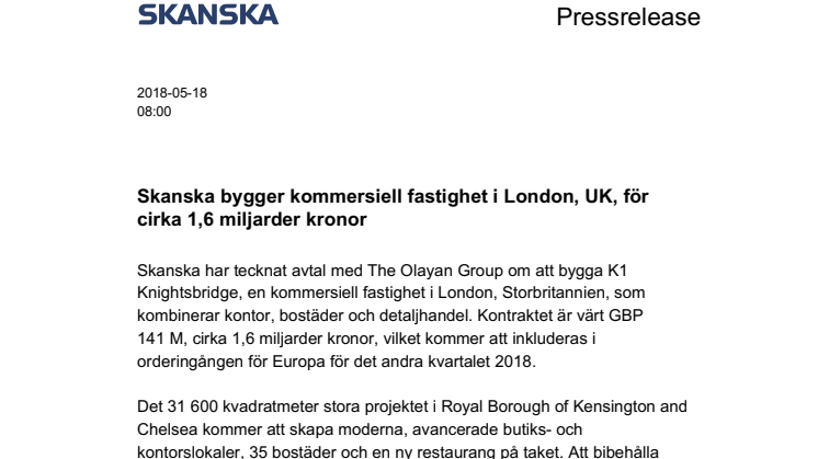 Skanska bygger kommersiell fastighet i London, UK, för cirka 1,6 miljarder kronor