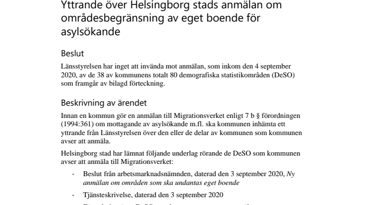 Yttrande över Helsingborgs anmälan