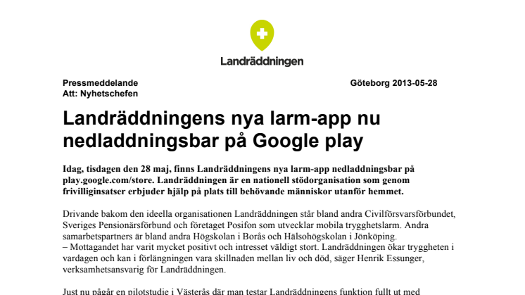 Landräddningens nya larm-app nu nedladdningsbar på Google play