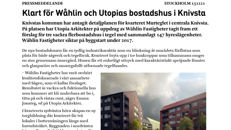 Klart för Wåhlin och Utopias bostadshus i Knivsta