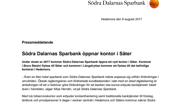 Södra Dalarnas Sparbank öppnar kontor i Säter 