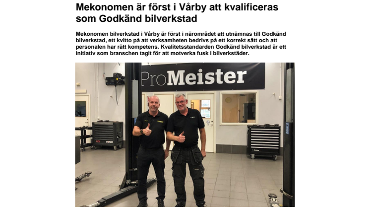 Mekonomen är först i Vårby att kvalificeras som Godkänd bilverkstad 