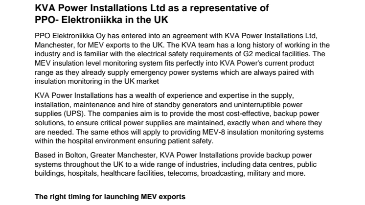 KVA Power Installations Ltd as a representative of PPO-Elektroniikka in the UK