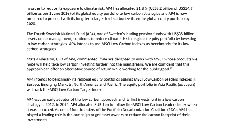 AP4 announces today a continued action in decarbonizing its Equity Portfolio