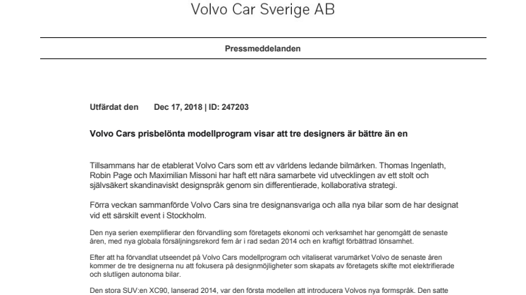 Volvo Cars prisbelönta modellprogram visar att tre designers är bättre än en