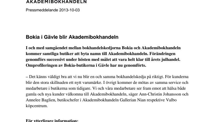 Bokia i Gävle blir Akademibokhandeln 