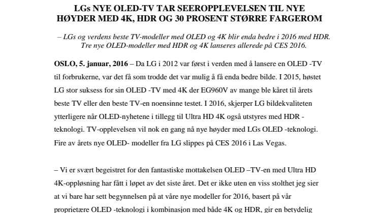 ​LGs NYE OLED-TV TAR SEEROPPLEVELSEN TIL NYE HØYDER MED 4K, HDR OG 30 PROSENT STØRRE FARGEROM