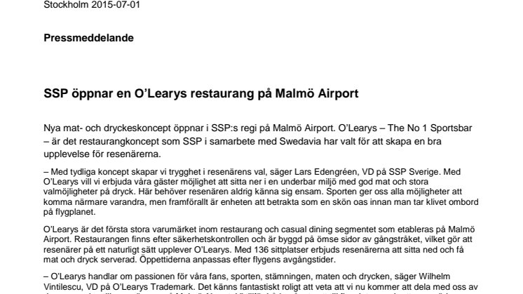 SSP öppnar en O’Learys restaurang på Malmö Airport