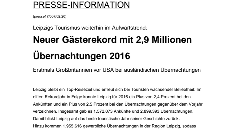 Pressemitteilung: Gästestatistik Leipzig 2016