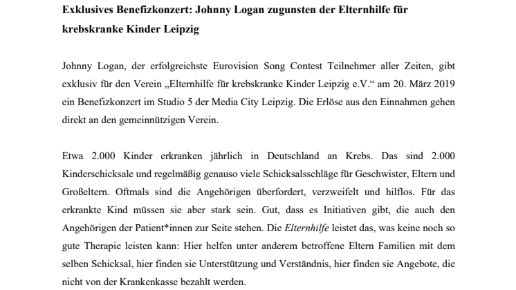 Exklusives Benefizkonzert: Johnny Logan zugunsten der Elternhilfe für krebskranke Kinder Leipzig
