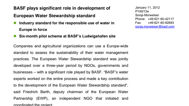 BASF spiller en væsentlig rolle i udviklingen af standard for European Water Stewardship