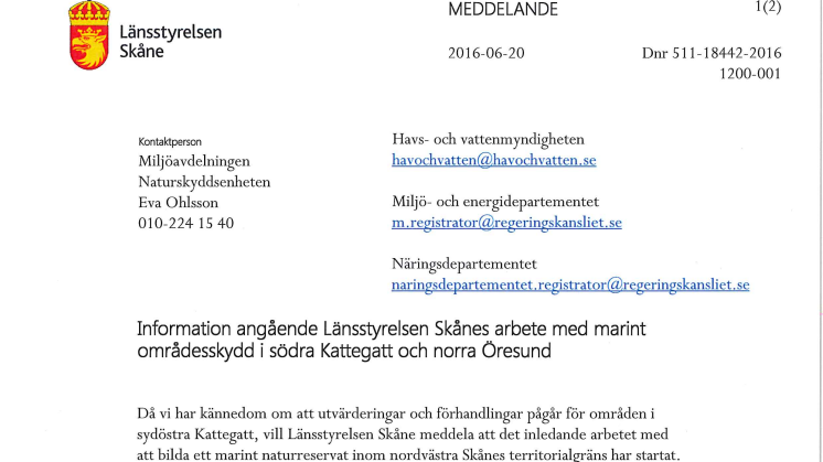 Länsstyrelsen Skånes beslut att föreslå ett nytt naturreservat i Kattegatt
