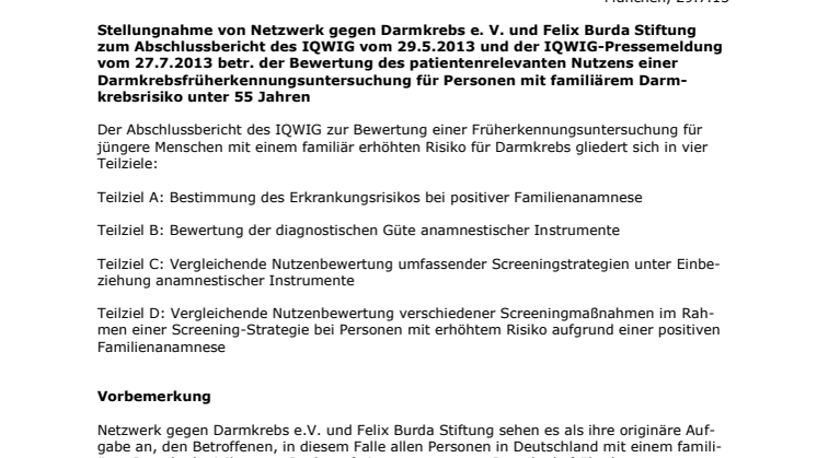 Stellungnahme der Felix Burda Stiftung und des Netzwerk gegen Darmkrebs zum Abschlussbericht des IQWiG vom 29.5.2013