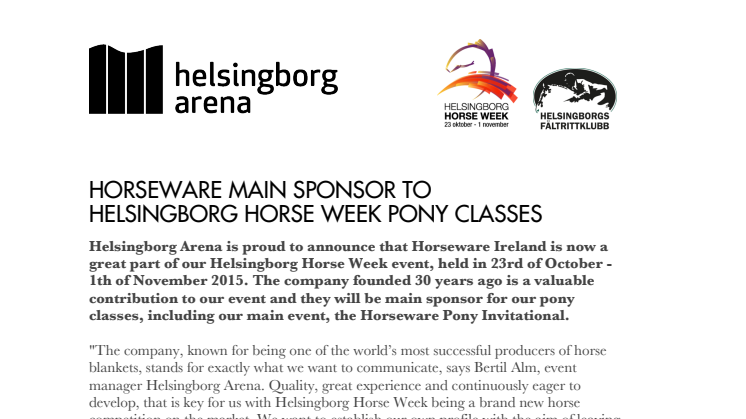 Horseware huvudsponsor till Helsingborg Horse Weeks ponnyklasser