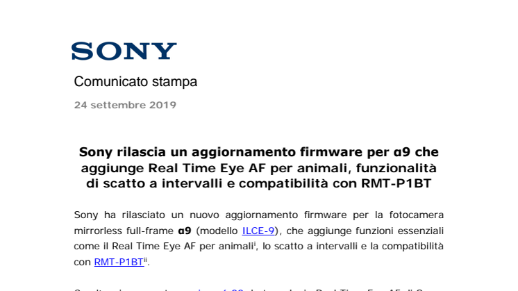 Sony rilascia un aggiornamento firmware per α9 che aggiunge Real Time Eye AF per animali, funzionalità di scatto a intervalli e compatibilità con RMT-P1BT