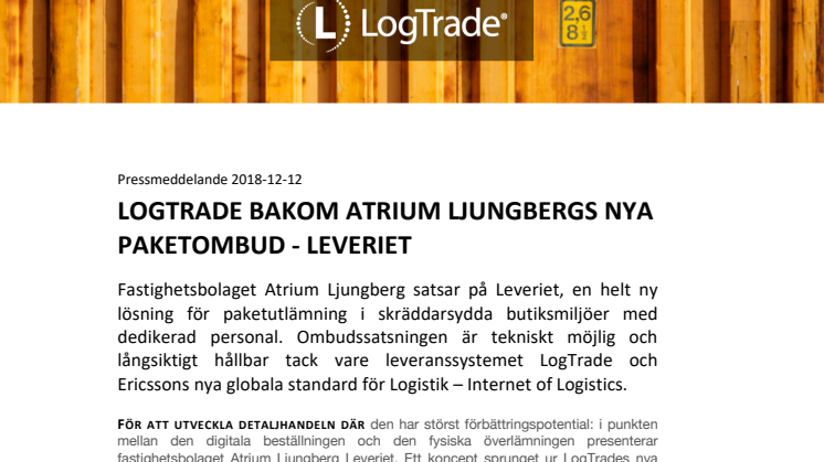 LogTrade bakom Atrium Ljungbergs nya paketombud – Leveriet