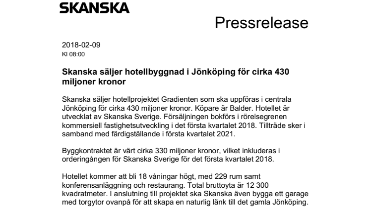 Skanska säljer hotellbyggnad i Jönköping för cirka 430 miljoner kronor