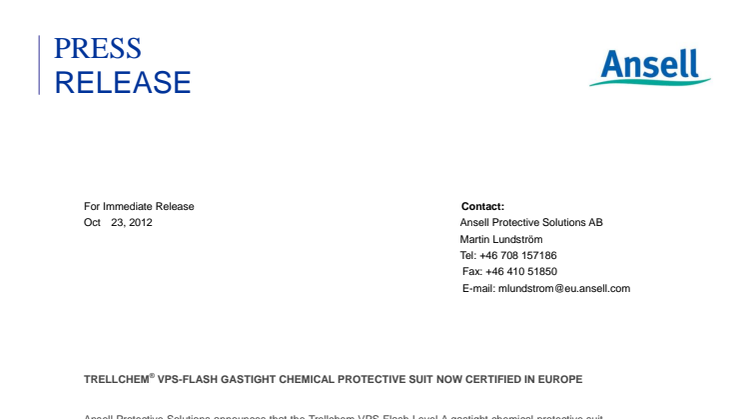 Trellchem® VPS Flash gastight chemical protective suit now certified in Europe