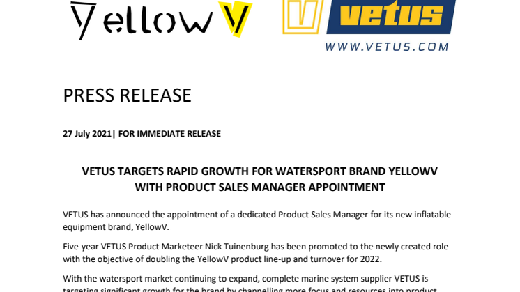 VETUS Targets Rapid Growth for Watersport Brand YellowV with Product Sales Manager Appointment