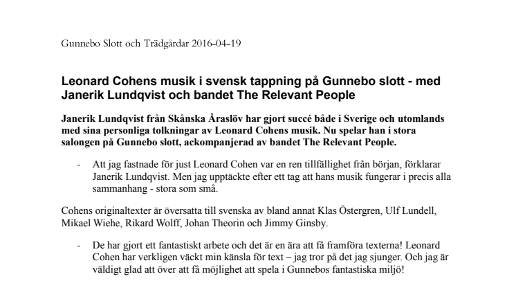 Leonard Cohens musik i svensk tappning på Gunnebo slott - med Janerik Lundqvist och bandet The Relevant People