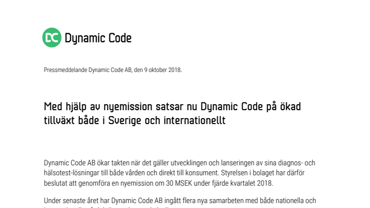 Med hjälp av nyemission satsar nu Dynamic Code på ökad tillväxt både i Sverige och internationellt