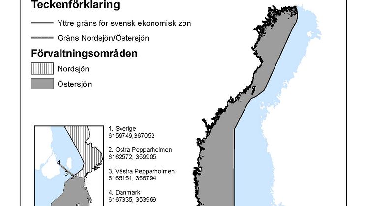 Översikt av de svenska förvaltningsområden i Nordsjön och Östersjön