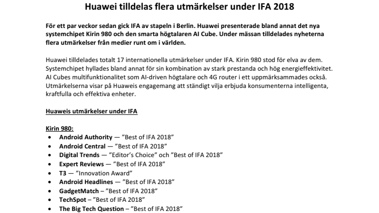 Huawei tilldelas flera utmärkelser under IFA 2018