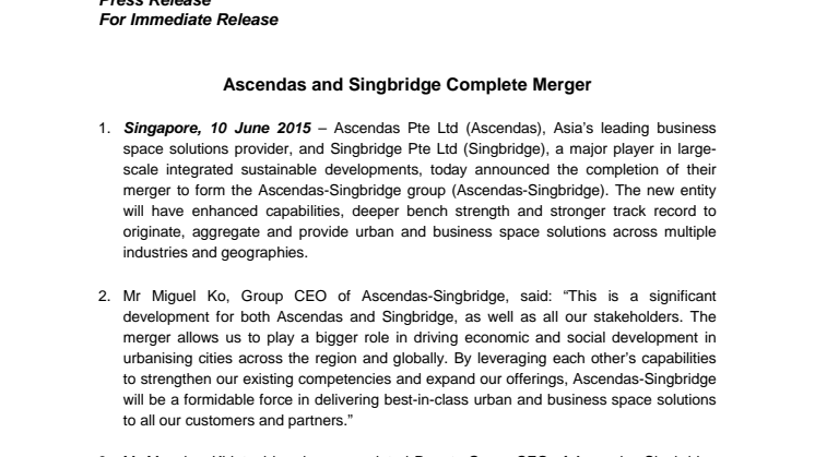 Ascendas and Singbridge Complete Merger