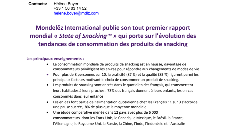 Mondelēz International publie son tout premier rapport mondial « State of Snacking™ » qui porte sur l’évolution des tendances de consommation des produits de snacking 