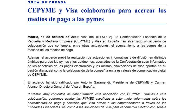 CEPYME y Visa colaborarán para acercar los medios de pago a las pymes
