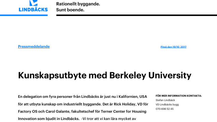 Kunskapsutbyte mellan Lindbäcks och Berkeley University