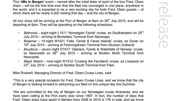 Fred. Olsen Cruise Lines’ fleet comes together for the first time ever – in Bergen – on 28th July 2015 