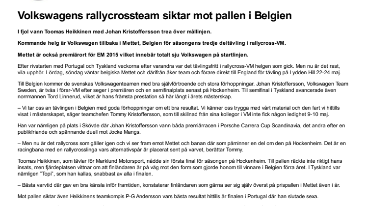 Volkswagens rallycrossteam siktar mot pallen i Belgien