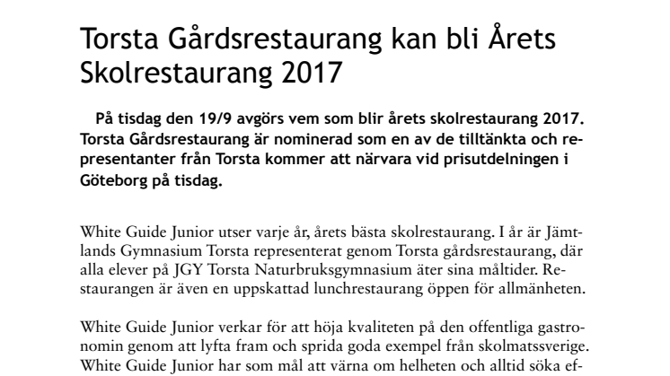 Torsta Gårdsrestaurang kan bli Årets Skolrestaurang 2017