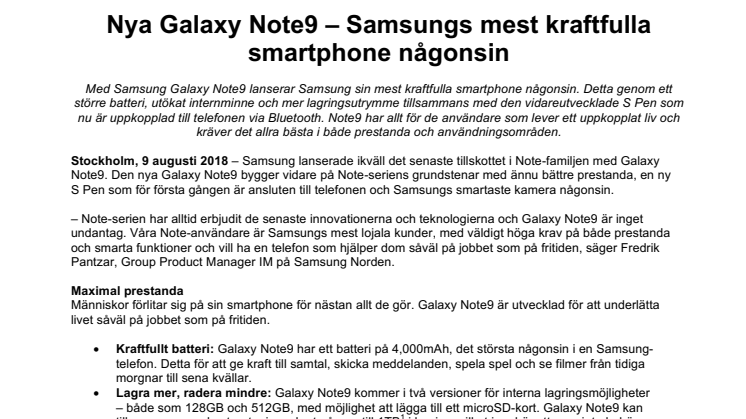 Nya Galaxy Note9 – Samsungs mest kraftfulla smartphone någonsin