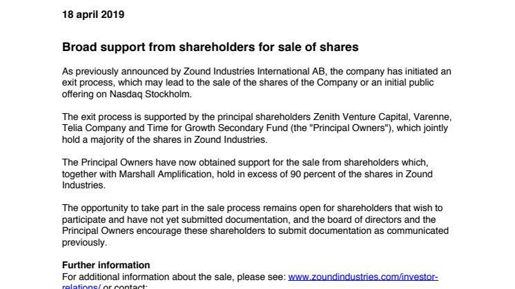 Broad support from shareholders for sale of shares