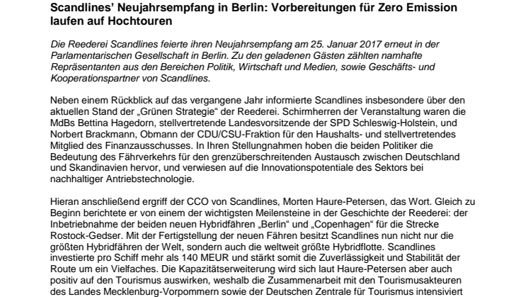 Scandlines’ Neujahrsempfang in Berlin: Vorbereitungen für Zero Emission laufen auf Hochtouren 