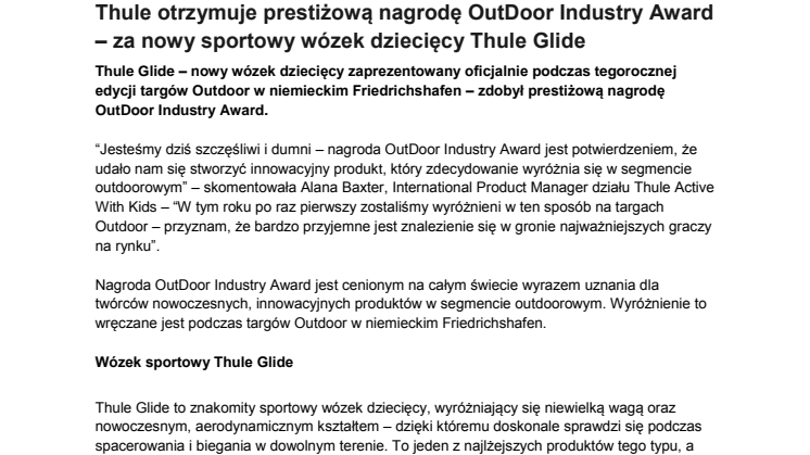 Thule otrzymuje prestiżową nagrodę OutDoor Industry Award – za nowy sportowy wózek dziecięcy Thule Glide