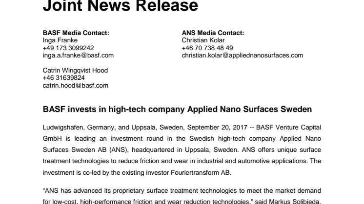 BASF investerar i högteknologiska Applied Nano Surfaces Sweden 