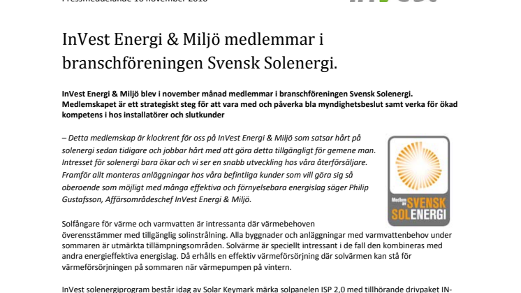 InVest Energi & Miljö medlemmar i branschföreningen Svensk Solenergi.